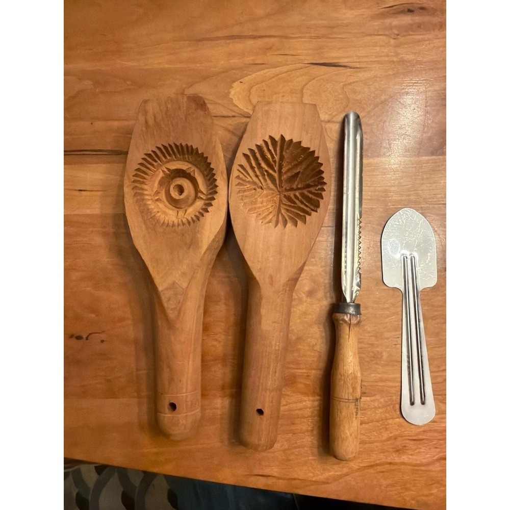 Vintage Hand Carved Wooden Ma'amoul Cookie and Butter Mold Set with Tools